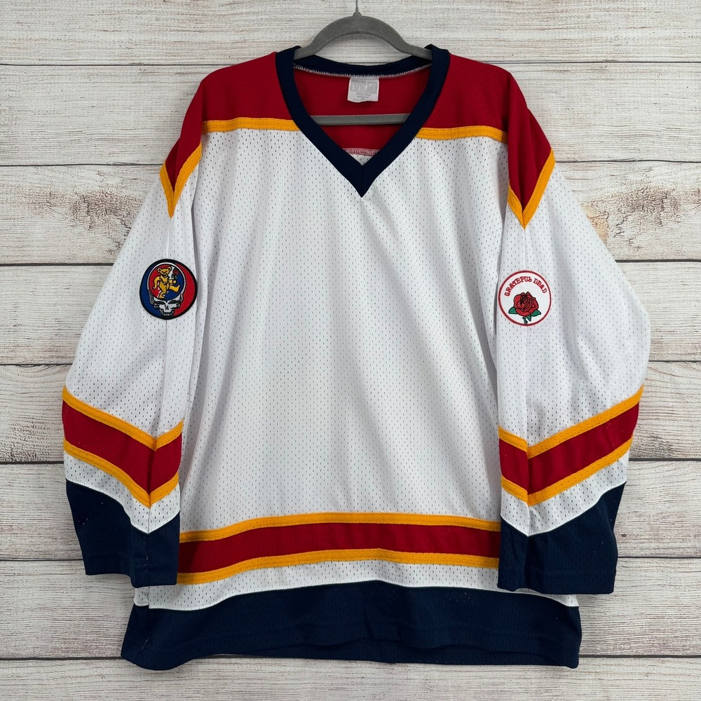 VKM Grateful Dead Hockey Jersey‎ Mens Medium White Mesh Steal Your Face Patches
